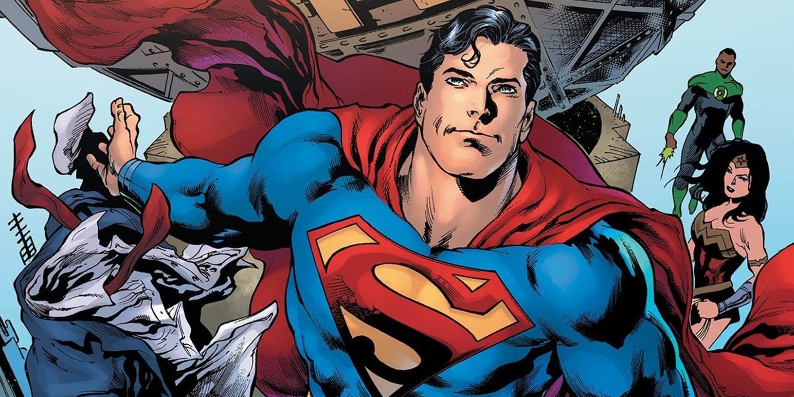 Superman flying in the comics with the Justice League
