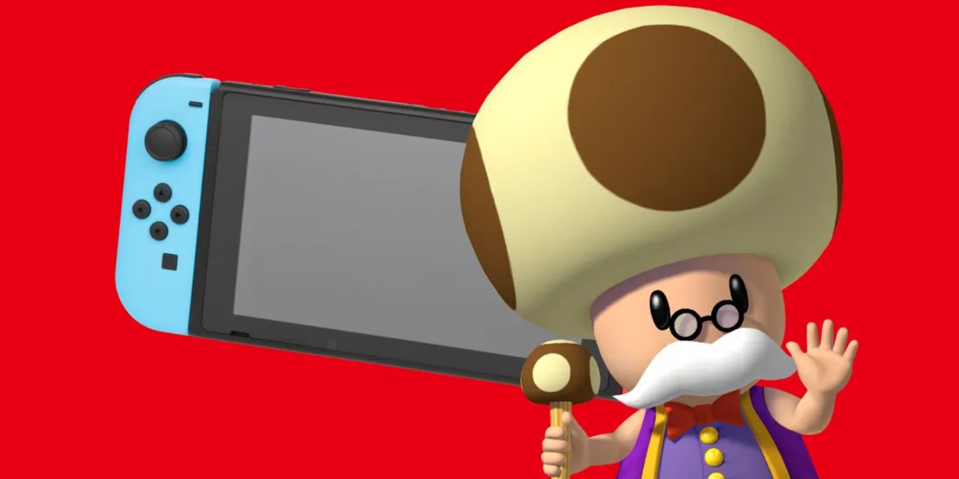 Image of Toadworth standing in front of the Nintendo Switch