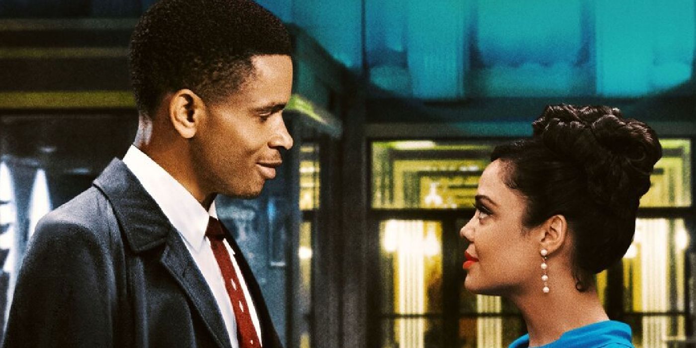 Tessa Thompson and Nnamdi Asomugha looking at each other in Sylvie's Love