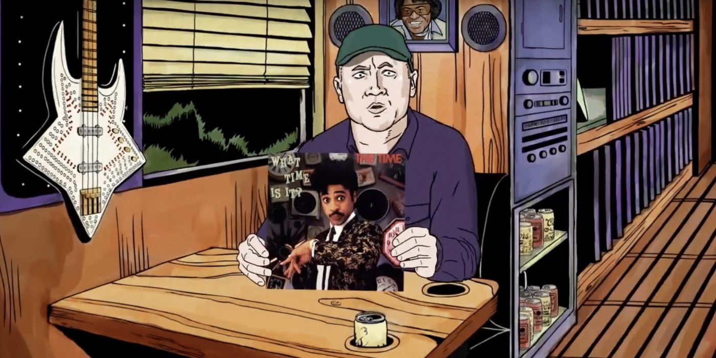 An animated Mike Judge holds up a record from Tales from the Tour Bus