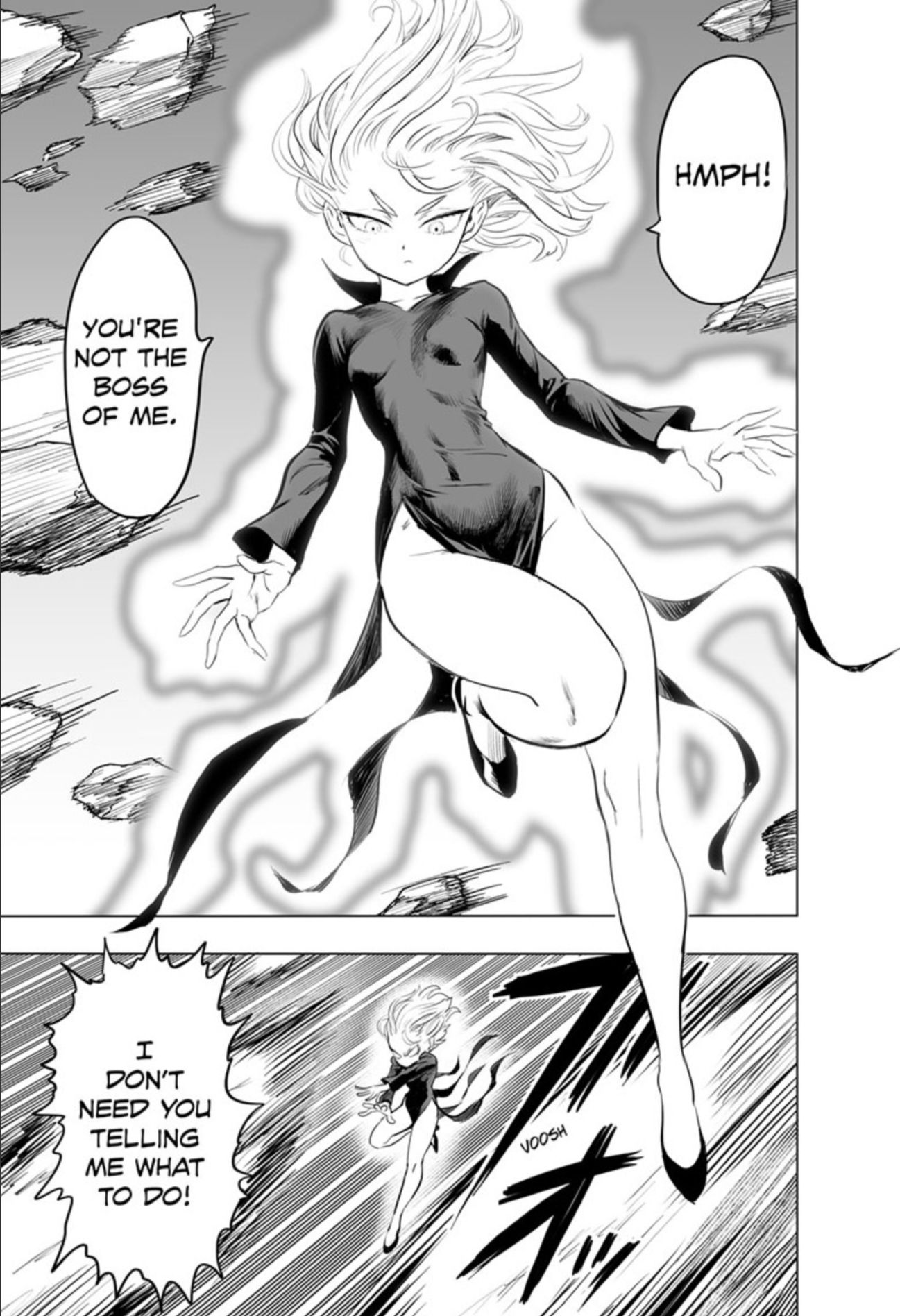 A panel of Tatsumaki, One-Punch Man&rsquo;s strongest psychic, flying in the air while wearing her usual outfit. She&rsquo;s controlling giant boulders floating around her and throwing them towards he opponent while yelling &ldquo;I don&rsquo;t need you telling me what to do!&quot;