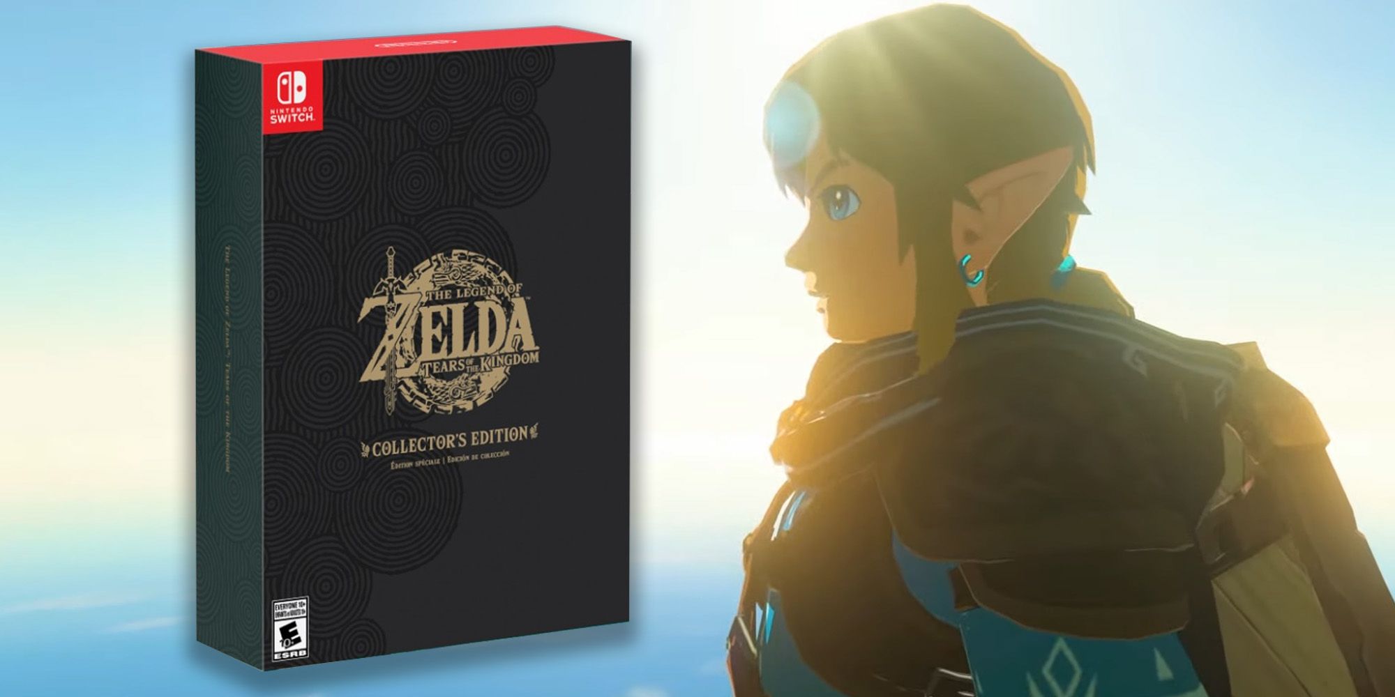Tears of the Kingdom Collector's Edition box superimposed onto an image of Link looking out at the sky in-game.