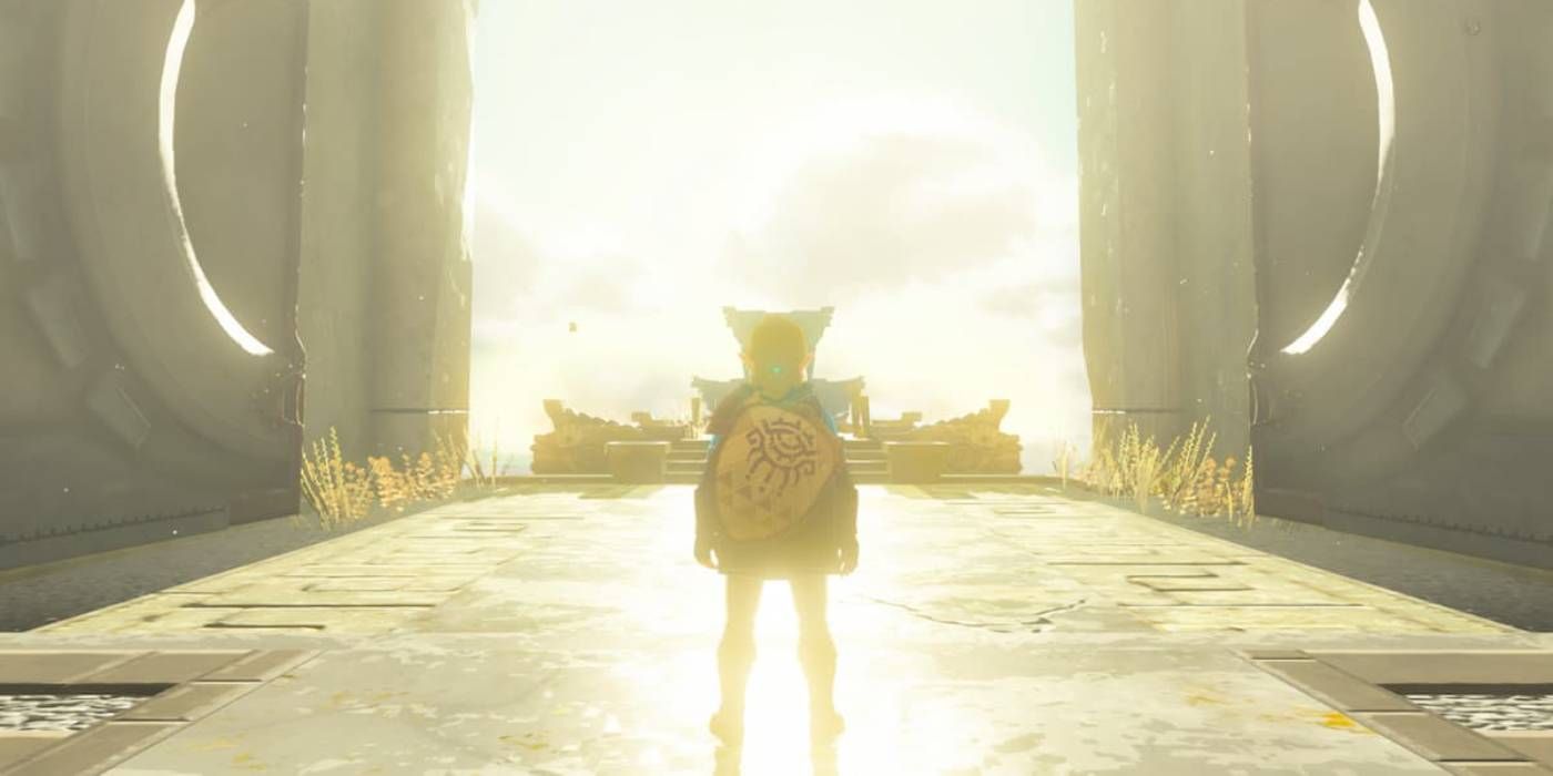 Link parado diante de uma porta aberta em The Legend of Zelda: Tears of the Kingdom