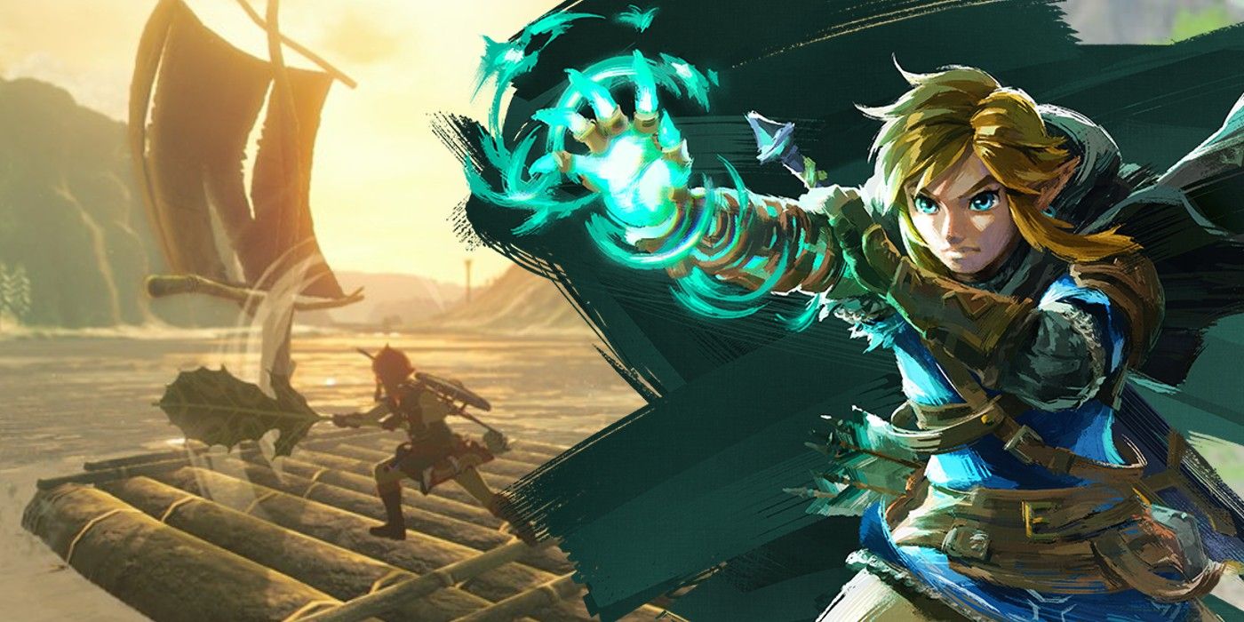 Tears Of the Kingdom's Link over an image of BOTW's Link on a raft at twilight.