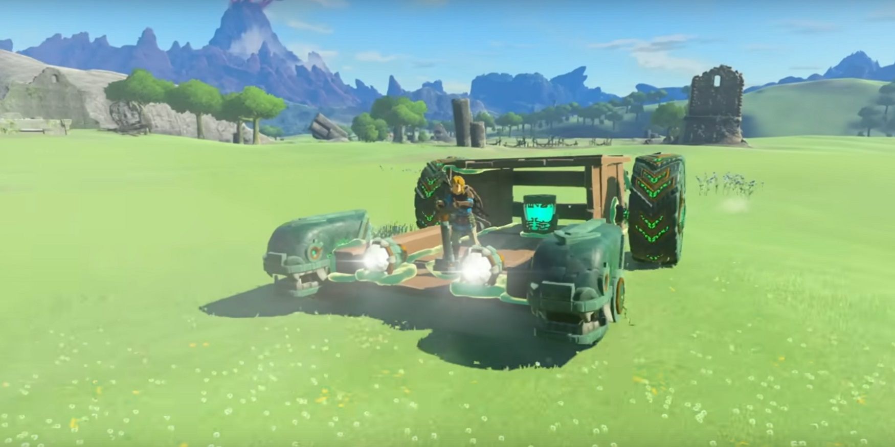 Link using what appears to be a custom vehicle in Zelda Tears of the Kingdom