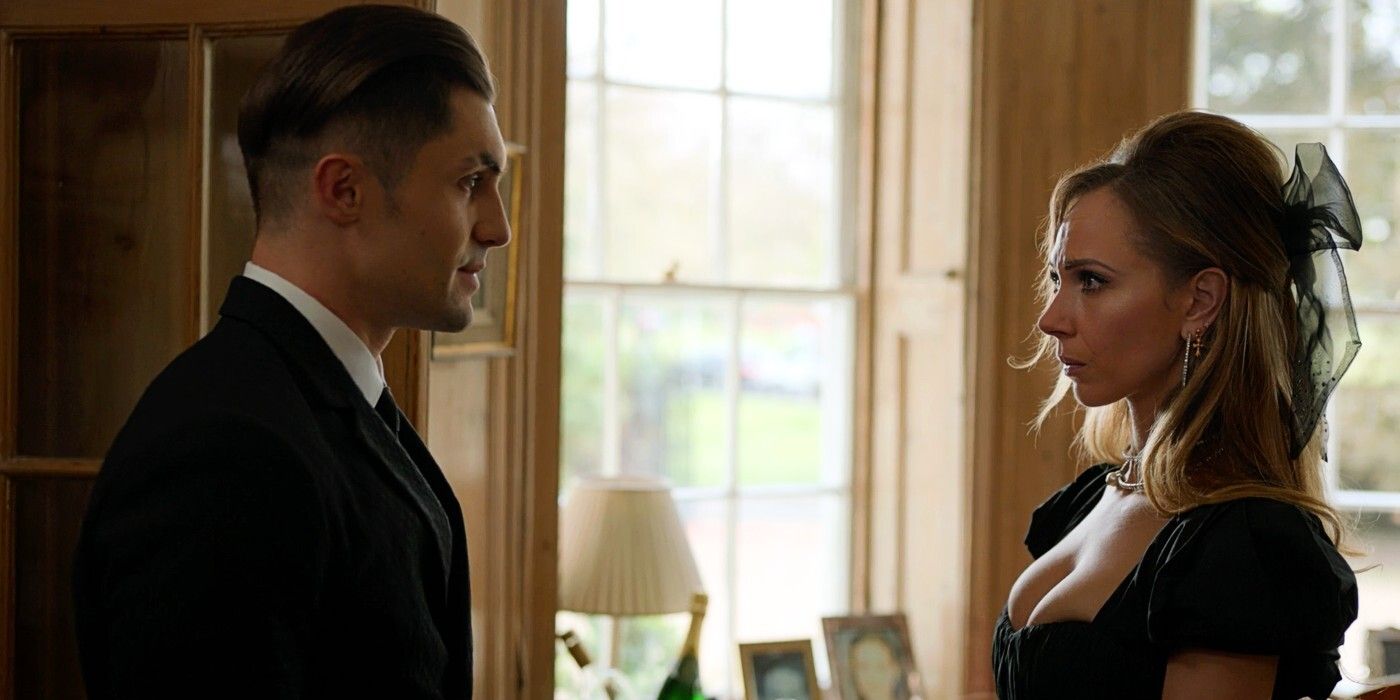 Ted Lasso&rsquo;s Jamie and Keeley stand opposite each other while dressed in formal black attire
