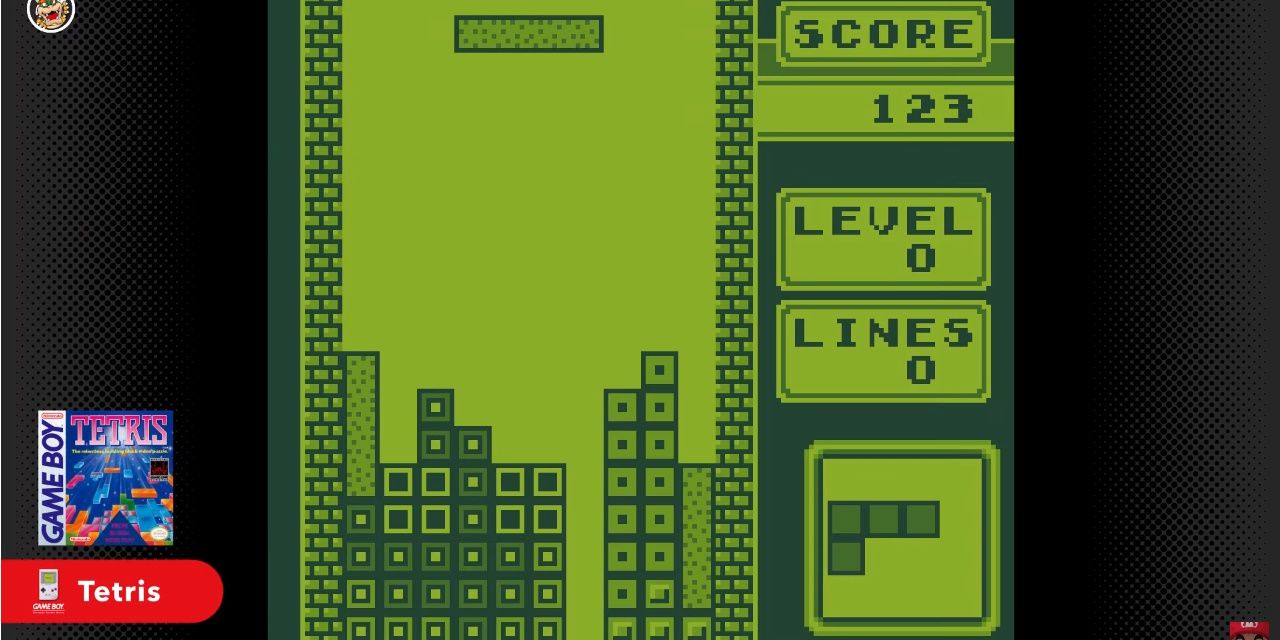 Tetris para Game Boy chegando ao Nintendo Switch Online, captura de tela de um jogo original de game boy tetris com fundo verde e blocos verdes escuros