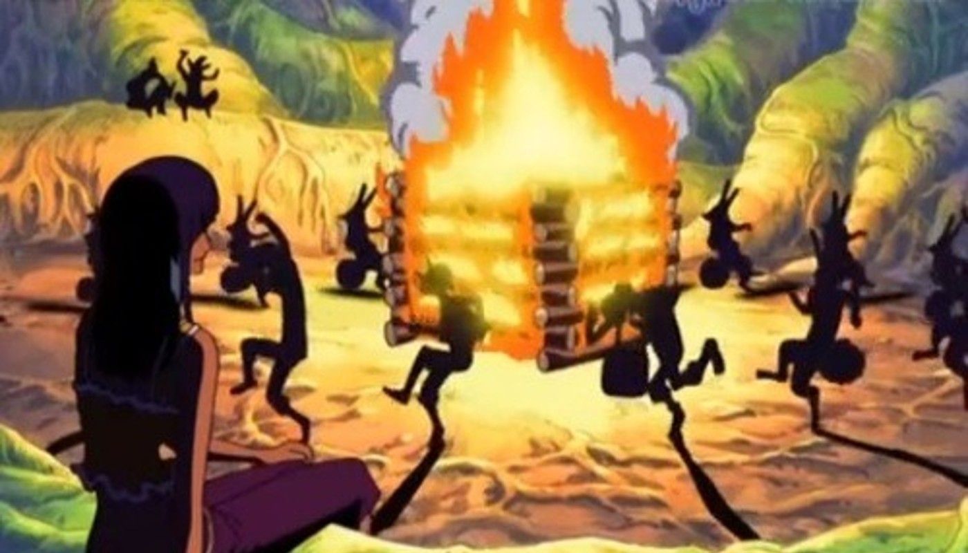 The Bonfire in One Piece at skypeia with silhouettes dancing around and robin sitting to one side watching