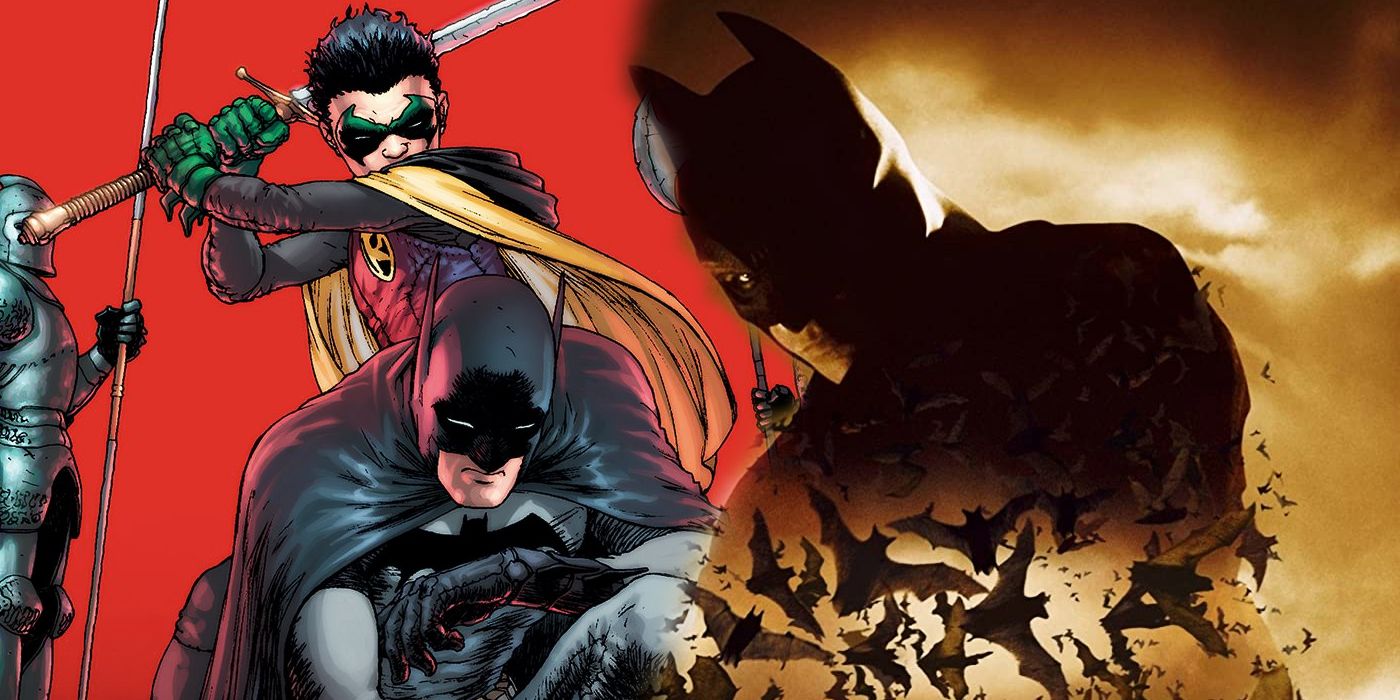 Imagen dividida: Daiman Wayne balancea una espada hacia la cabeza de Bruce;  Póster de Batman Begins con el Batman de Christian Bale