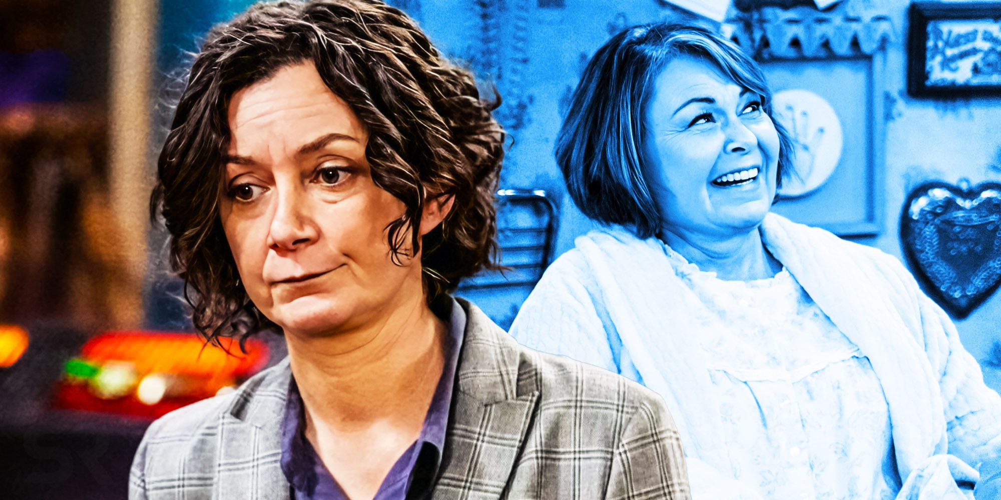 Custom image of Roseanne laughing in Roseanne season 10 and Darlene scowling in The Conners