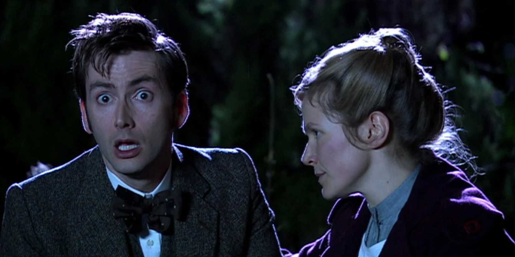 Joan comforting John Smith as they watch the family from afar outside in the Doctor Who episode "The Family of Blood."