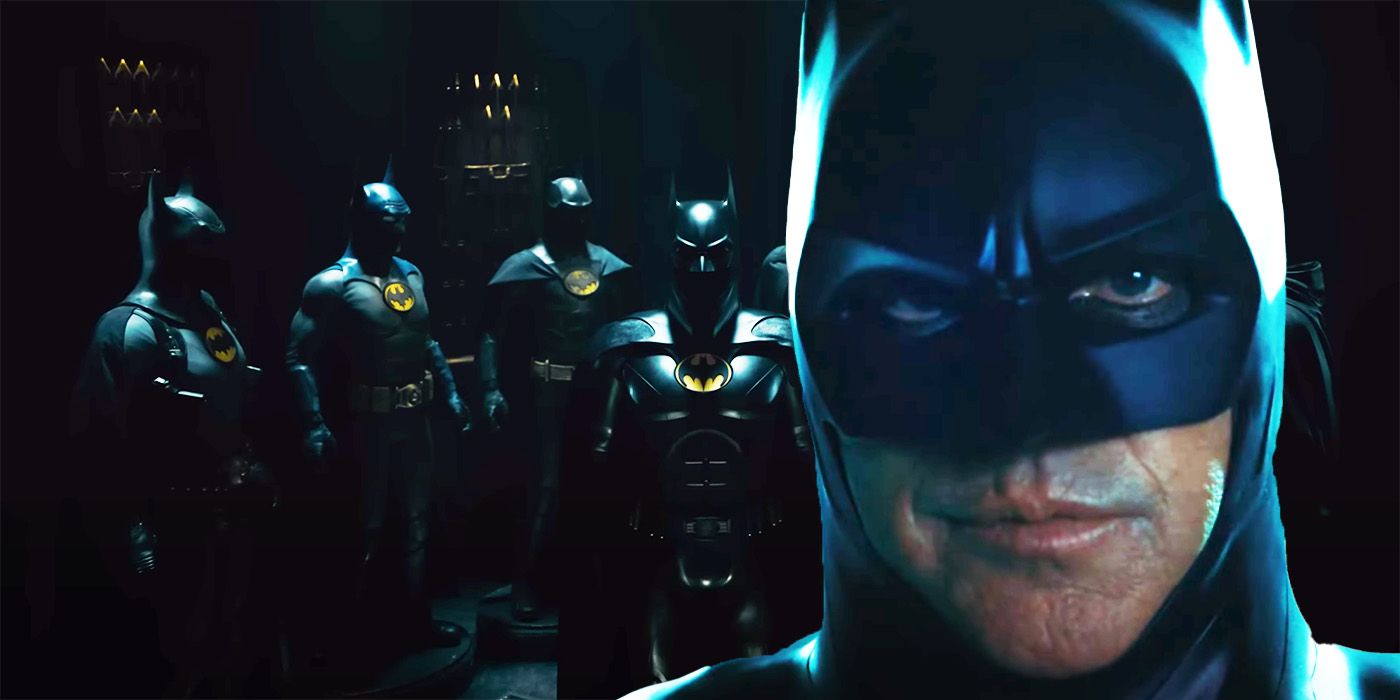 MIchael Keaton's Batman in front of several Batsuits.