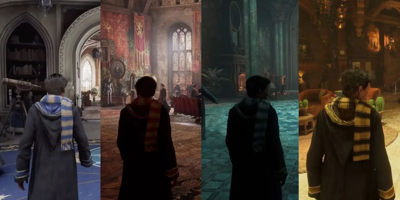 As quatro casas no legado de Hogwarts.  Compilação de quatro imagens, com um aluno de cada casa a olhar para os seus quartos comuns.