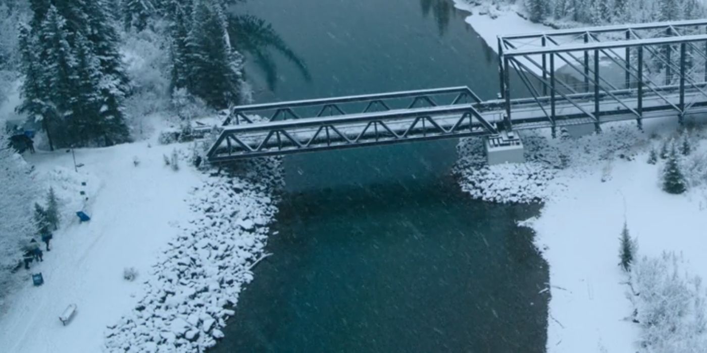 The Last of Us episode 6 snowy shot of bridge with visible crew