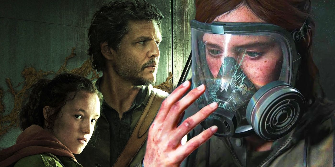 Joel and Ellie in The Last of US TV show and Ellie wearing a gas mask in the game.