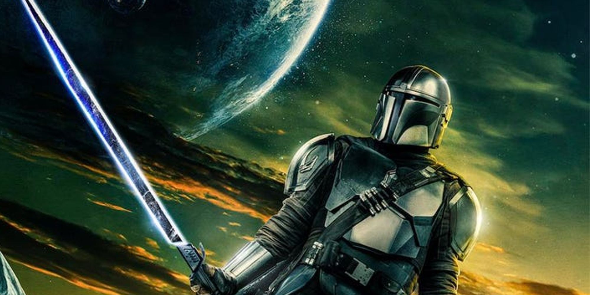 Din Djarin wielding the Darksaber in the official poster for The Mandalorian Season 3.