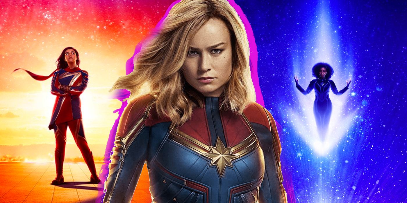 The Marvels poster with Ms. Marvel, Captain Marvel, and Photon