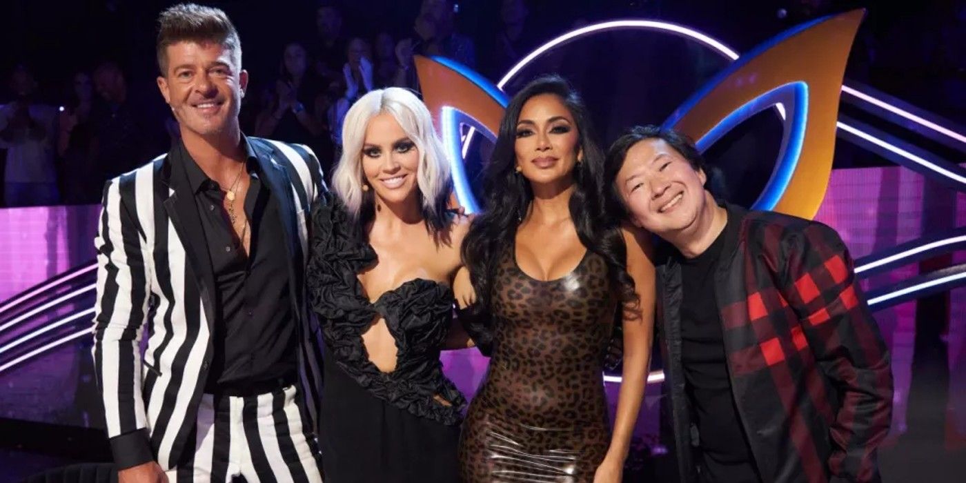 The Masked Singer Season 9 Panel of celebrity judges. Left to right: Robin Thicke, Jenny McCarthy. Nicole Scherzinger, Jeong