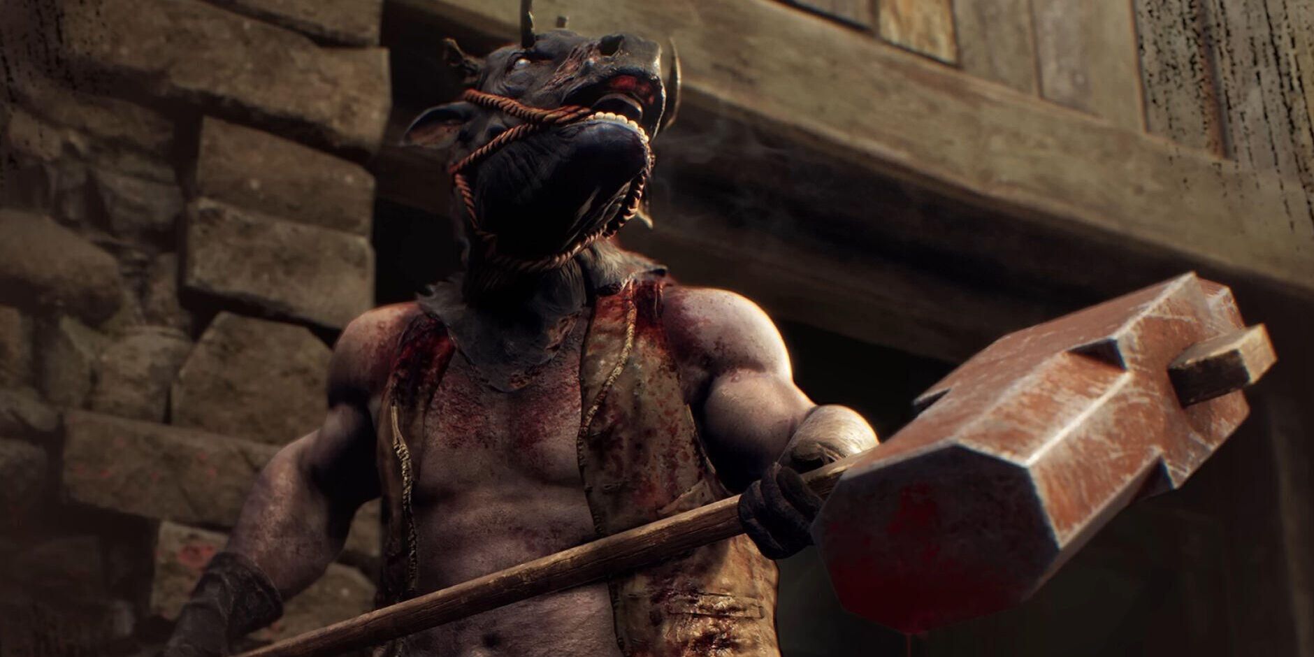 The minotaur-like Brute enemy wields a sledgehammer in Resident Evil 4 Remake