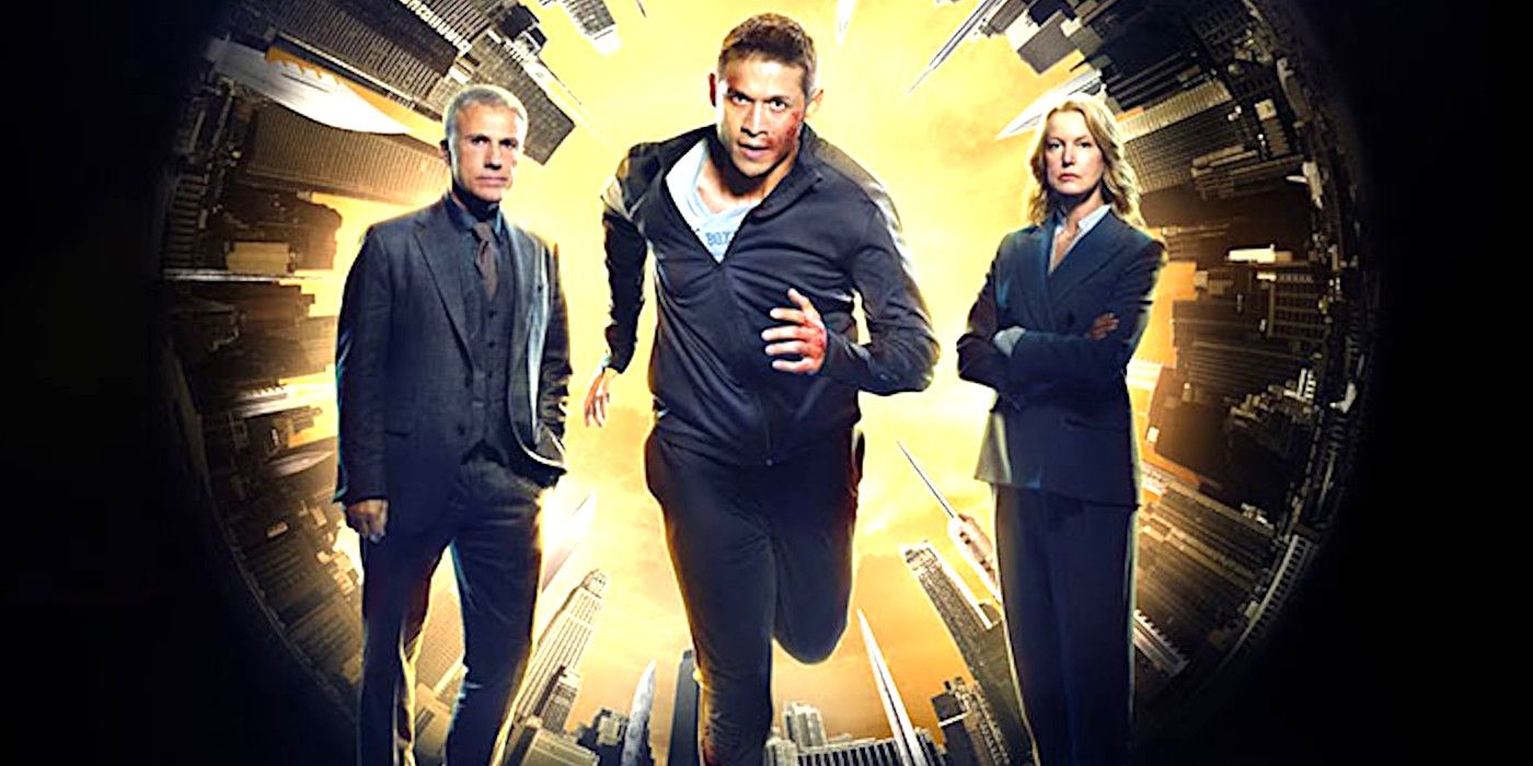 David Castaneda in Most Dangerous Game season 2 poster in a running pose, flanked by Christoph Waltz and Anna Gunn in serious dramatic poses, framed by a distorted-lens image of skyscrapers