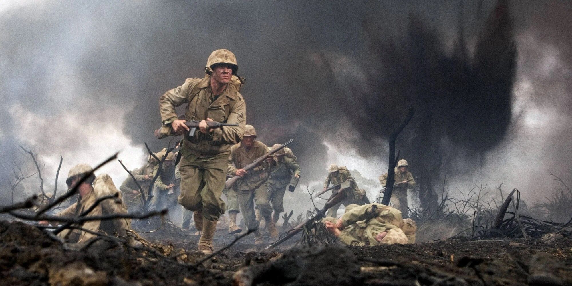 Soldiers running in battle in The Pacific