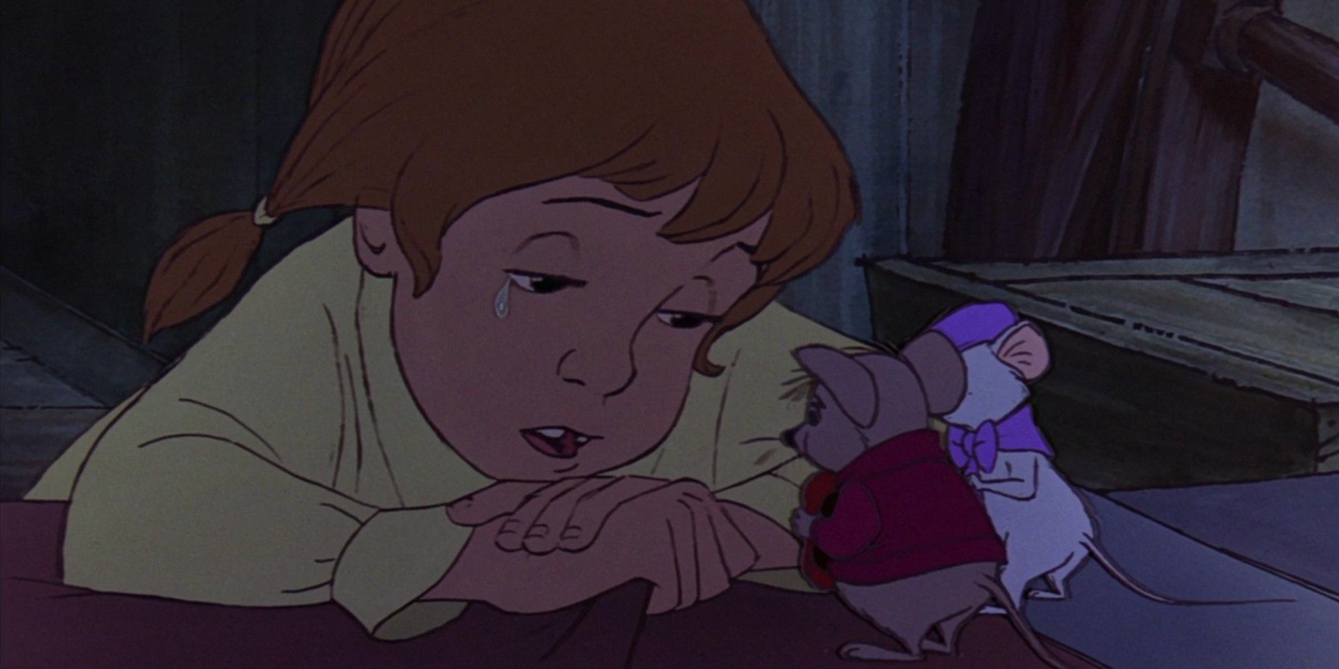 A girl speaks with two mice in The Rescuers