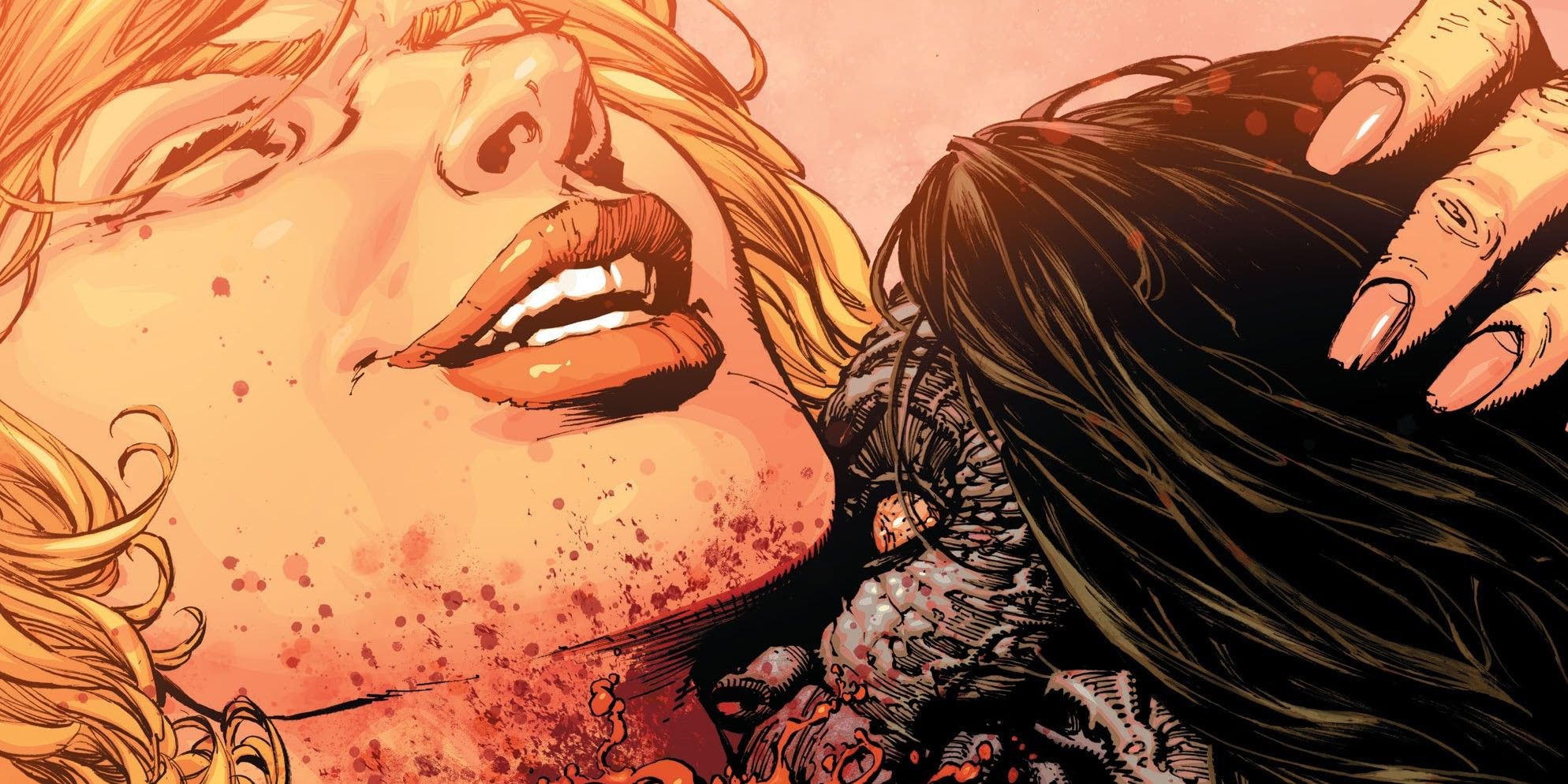 The Walking Dead Deluxe #41, Carol, with an eerie smile on her face, being bitten on the neck by a zombie.