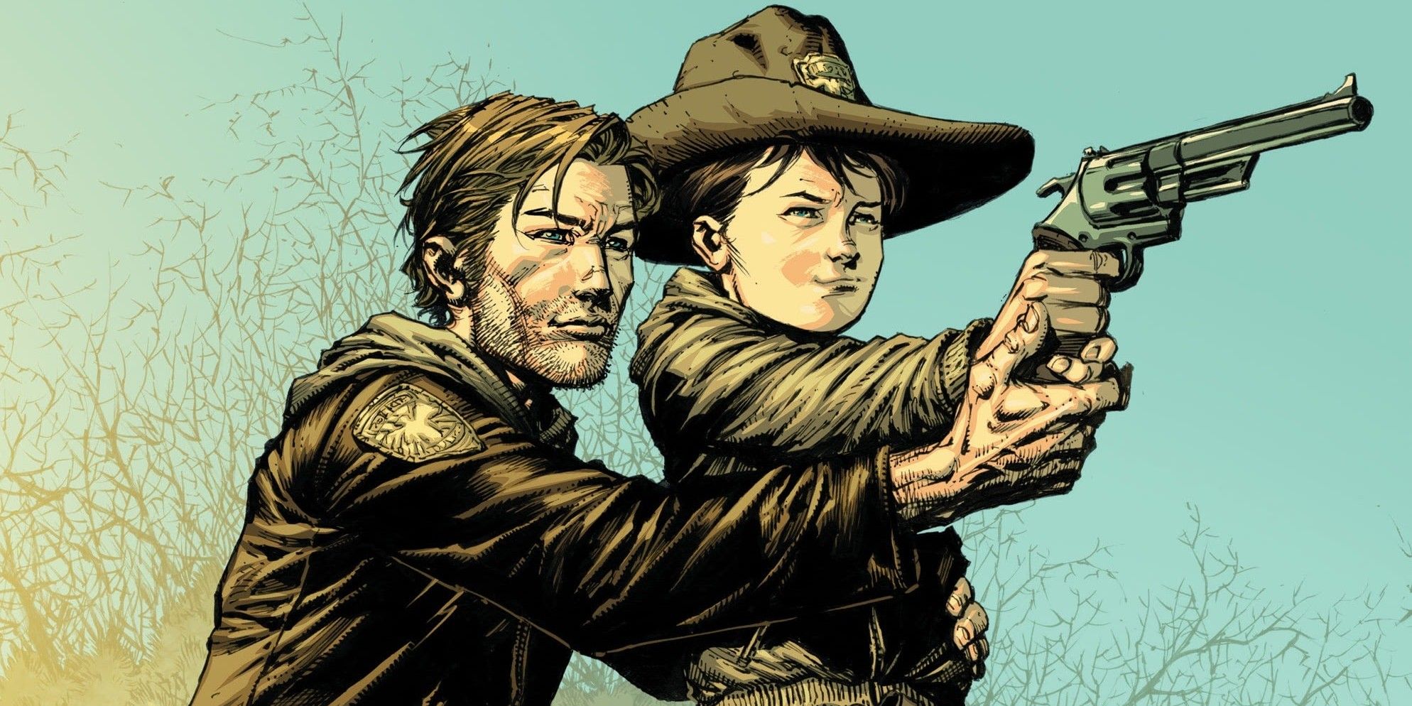 The Walking Dead Deluxe #5, full-color version of Rick Grimes teaching young Carl to shoot a gun.