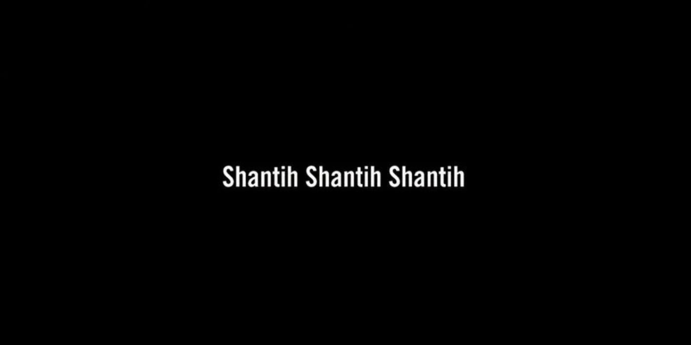 Les mots Shantin Shantin Shantin sur un écran noir dans Children of Men