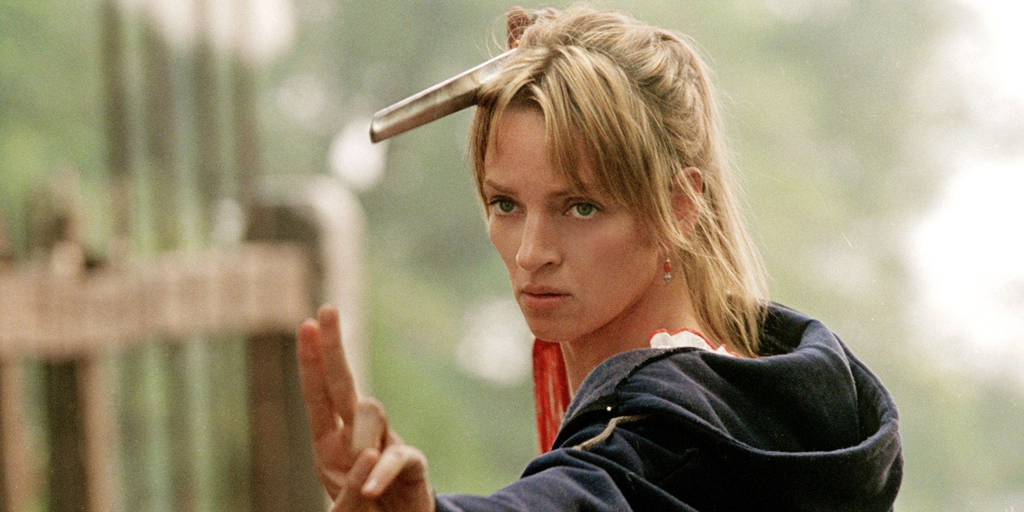 The Bride in a martial arts stance in Kill Bill Volume 2