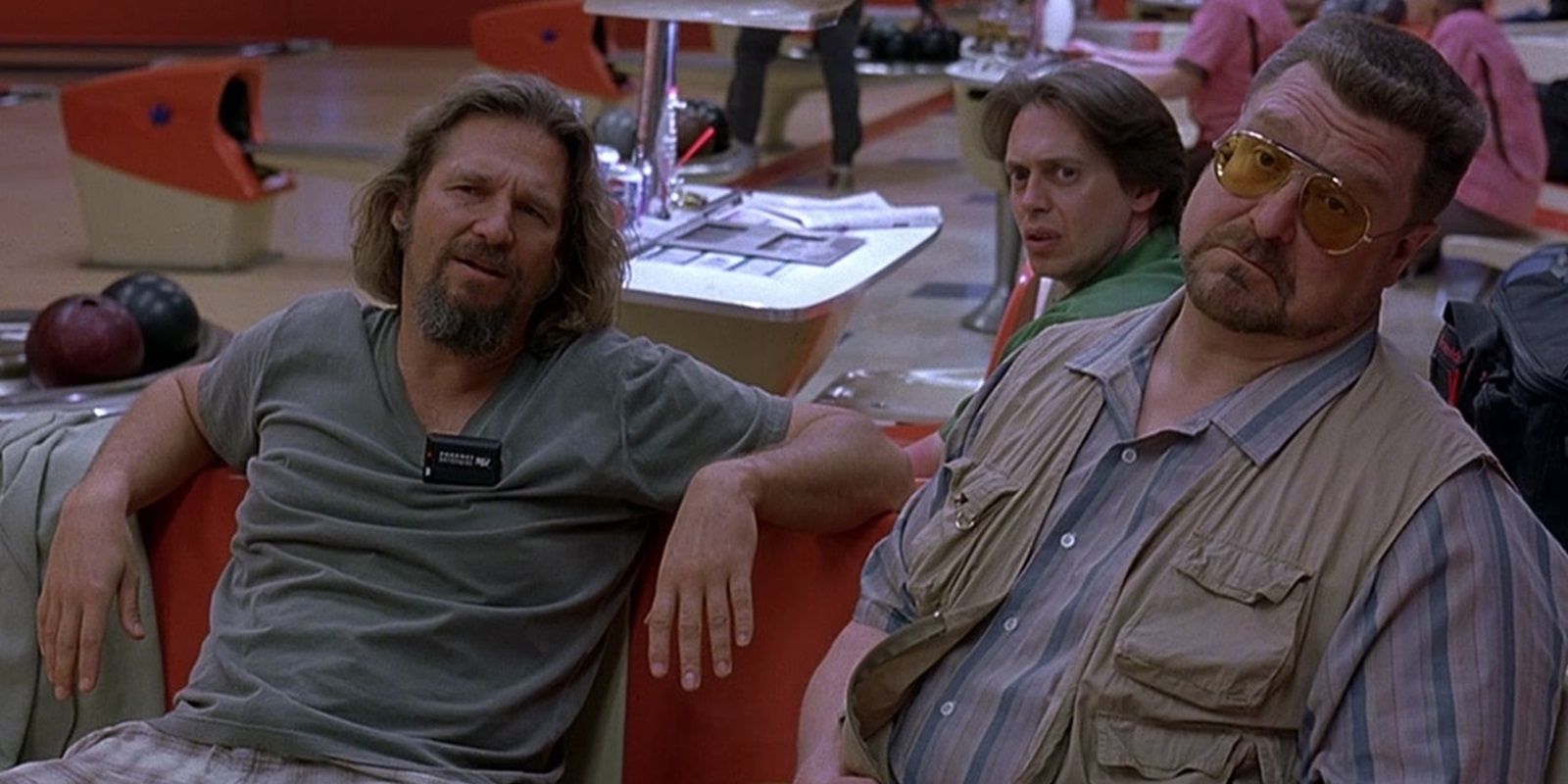 The Dude, Walter, and Donny in the bowling alley in The Big Lebowski