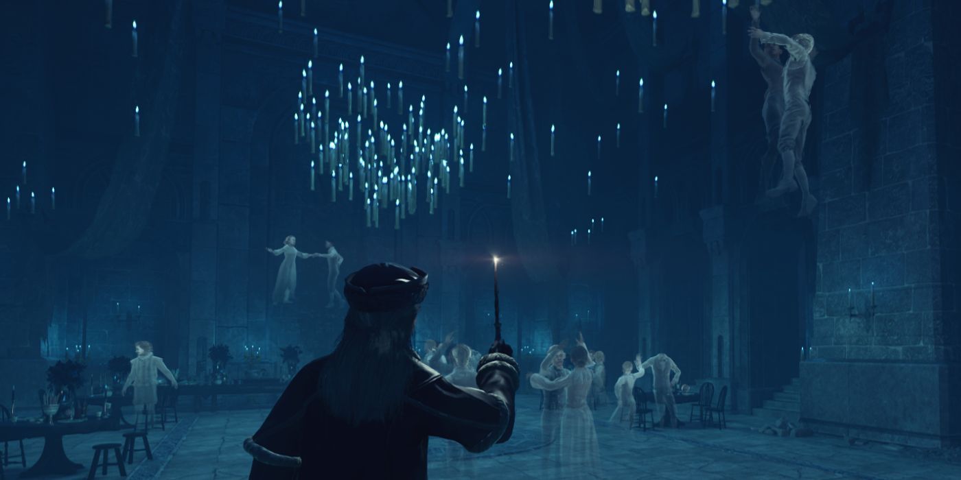 Un personaje jugador de pie y lanzando Lumos en la sala de fiestas del Día de la Muerte de Hogwarts Legacy, un lugar secreto que la mayoría de los jugadores nunca descubren.