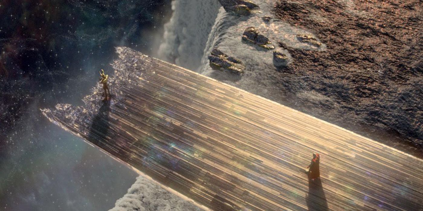 Thor (Chris Hemsworth) standing on the destroyed Bifrost in Thor (2011)