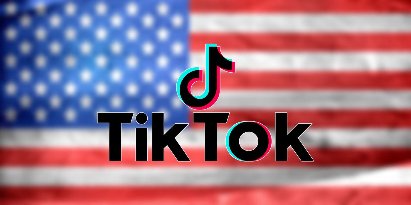 TikTok logo superimposed on a blurred American flag