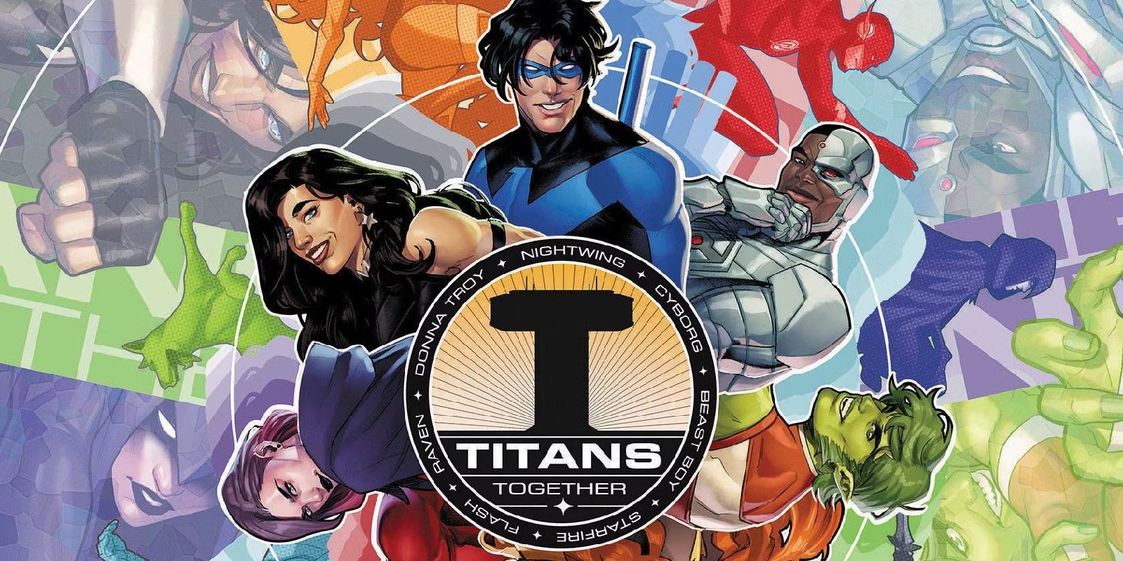 Titans Arranged in a Circle Around an Emblem Campnell Variant Cover