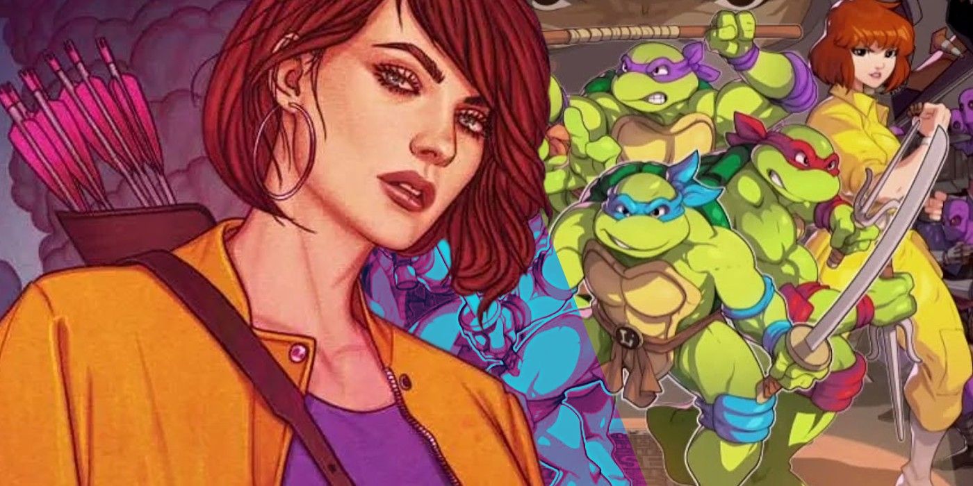 Split image: comic book April O'Neil (left); animated TMNT with April in yellow jumpsuit from the animated series