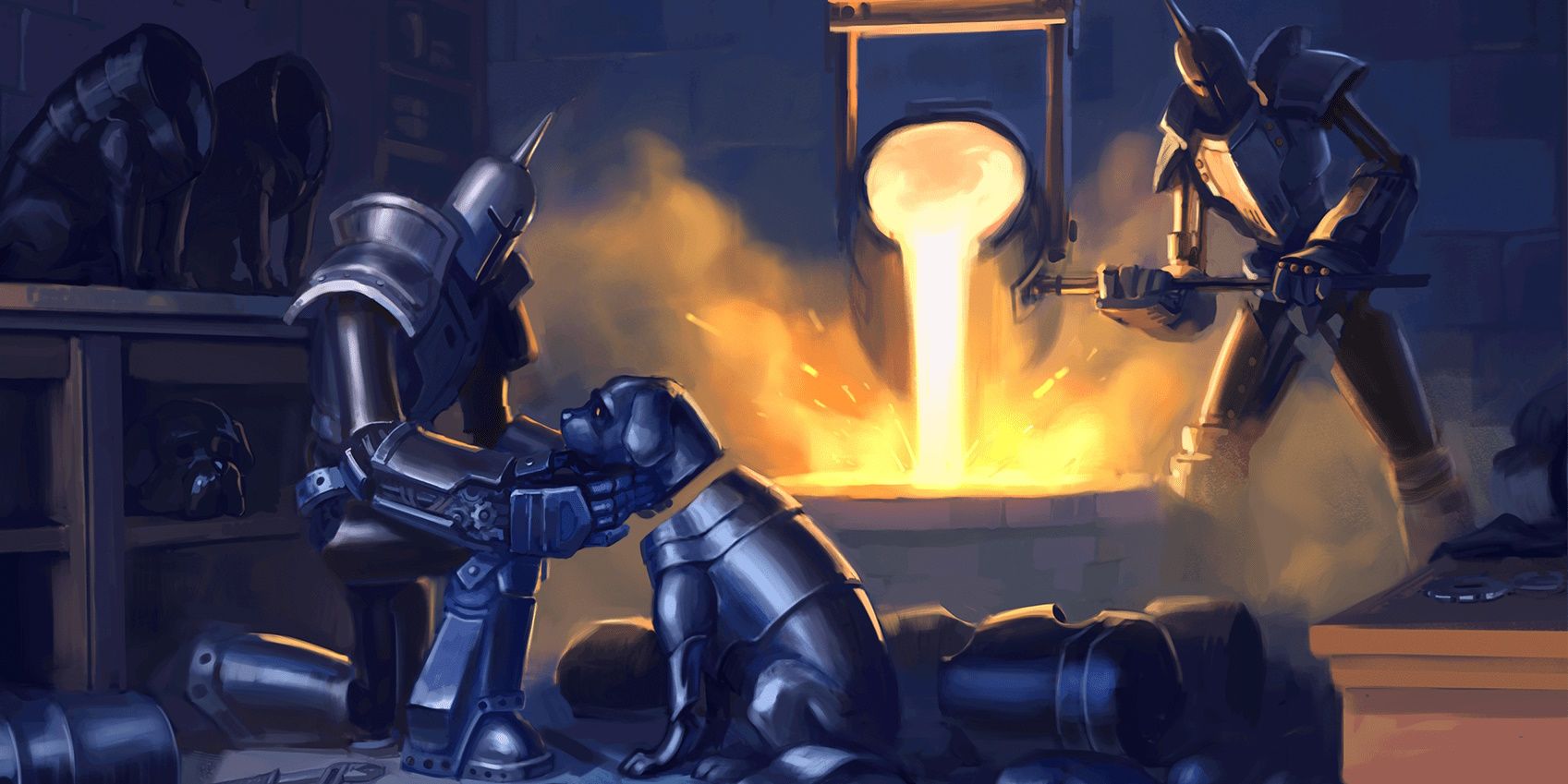 A living suit of armor assembles a dog version while a second works a forge in the background.
