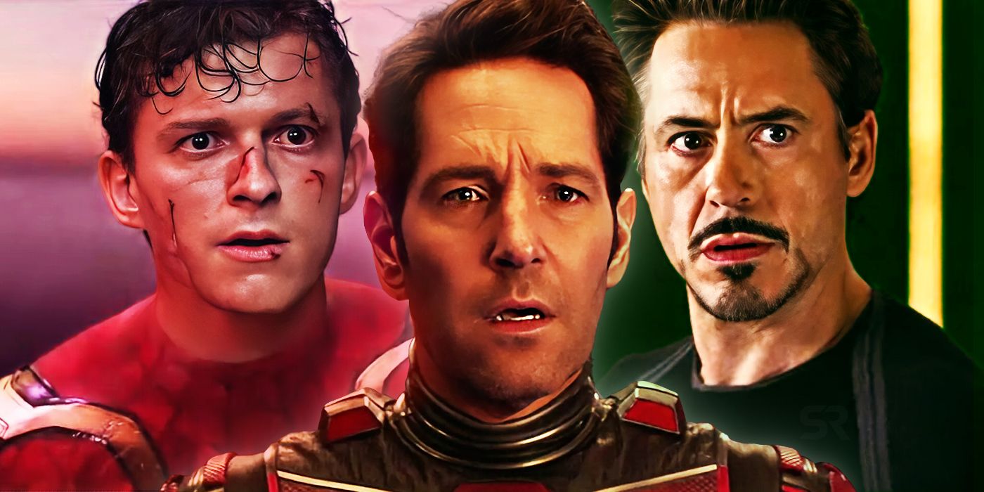 tom holland as spider-man paul rudd as ant-man and robert downey jr as iron man in the mcu