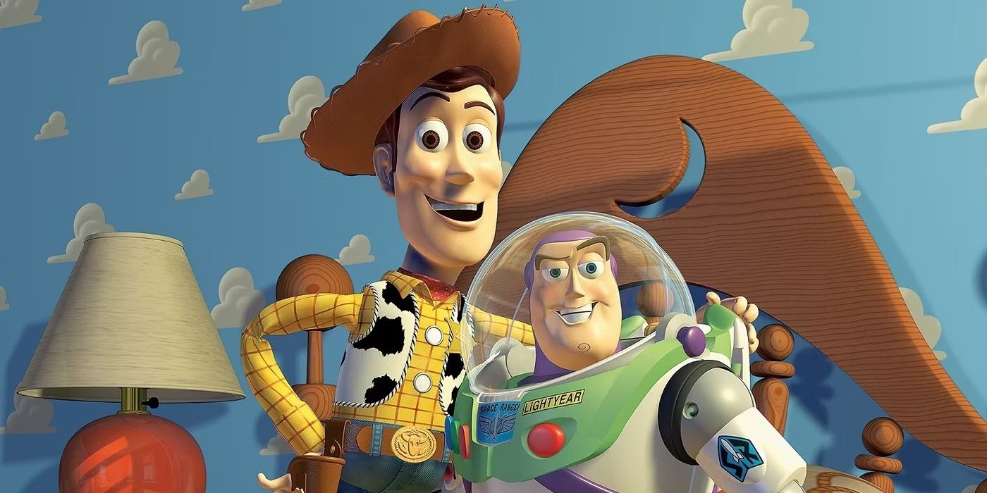 Woody and Buzz Lightyear pose with their arms around each other in Toy Story