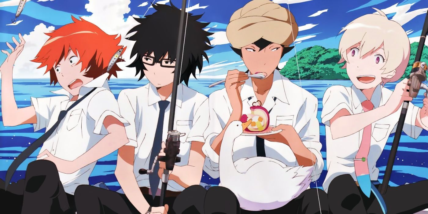 Yuki e amigos do anime Tsuritama sentados lado a lado pescando.