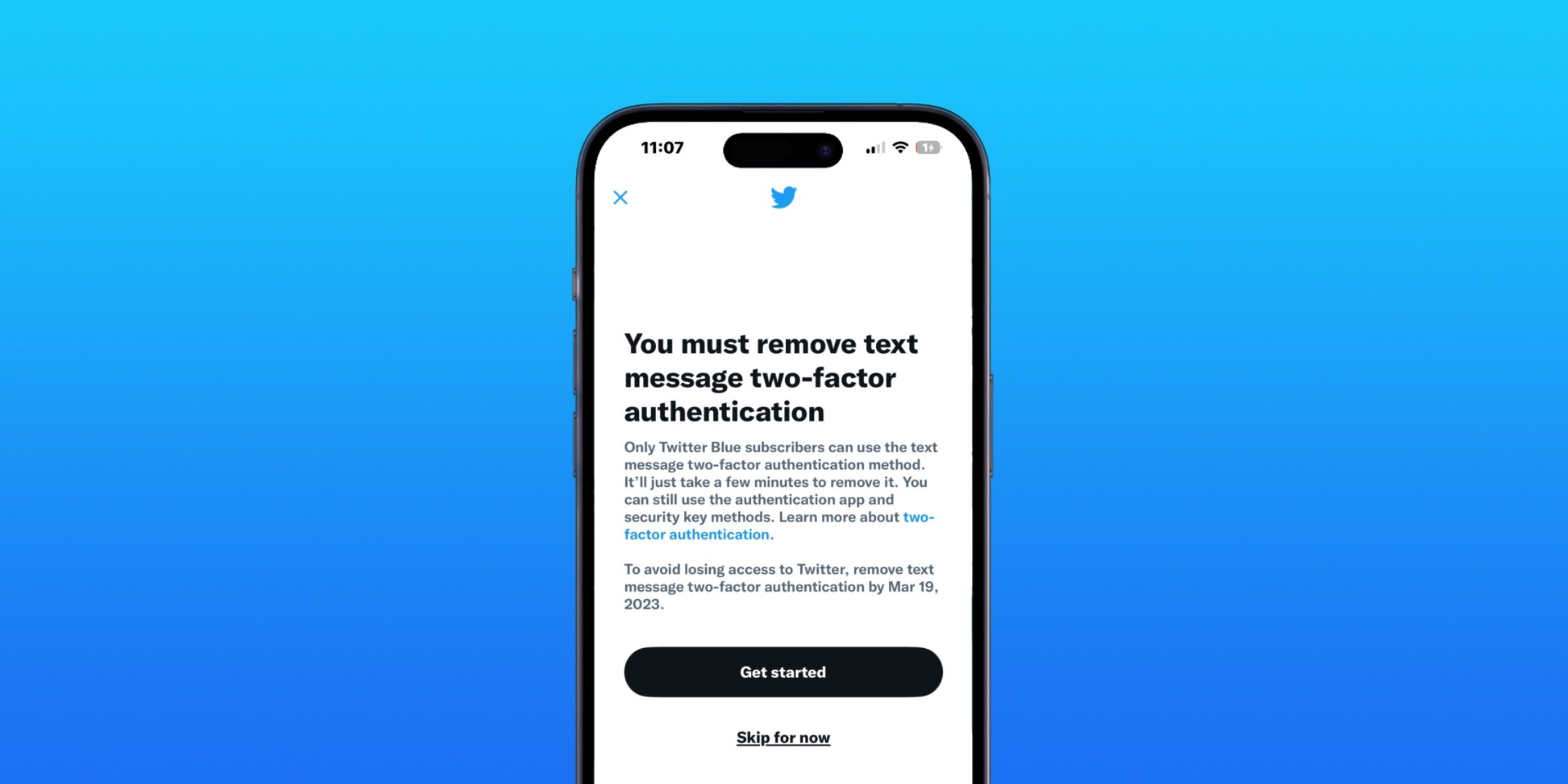 Twitter's two-factor authentication message on an iPhone 14 Pro.