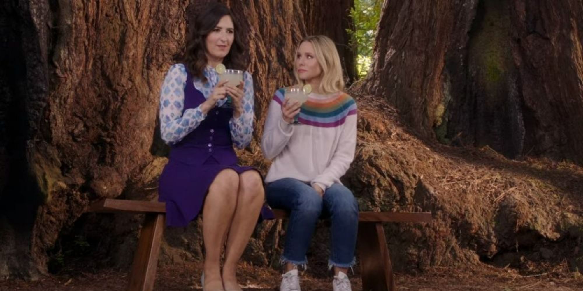 Janet and Eleanor have a drink by a tree in The Good Place (1)