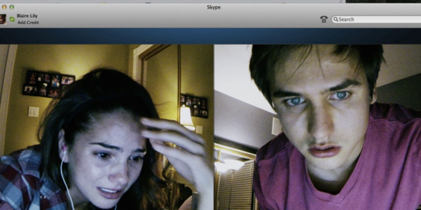Blair and Mitch talking on Skype and looking afraid in Unfriended