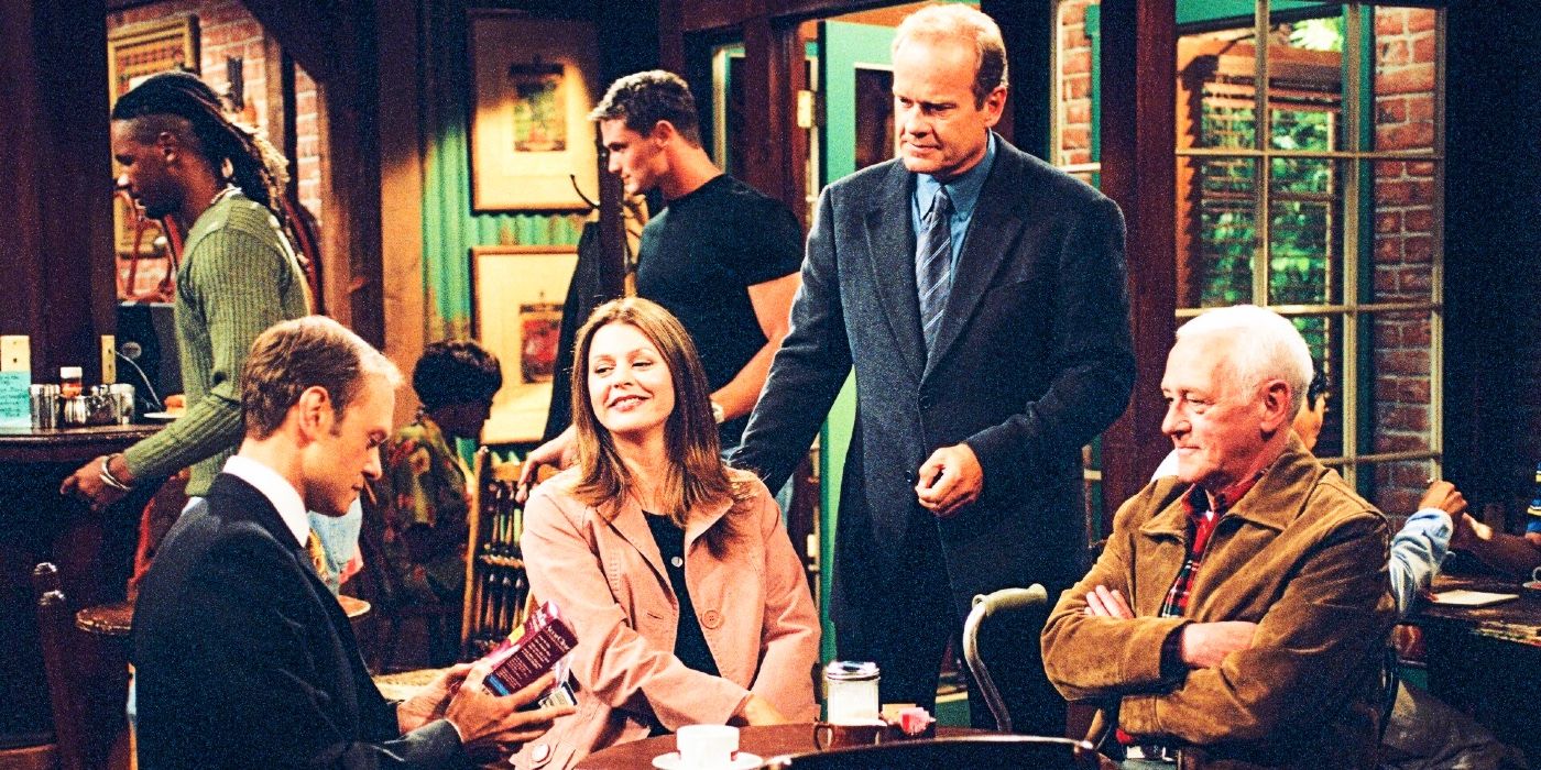 Niles, Daphne, Frasier, and Martin hanging out at Cafe Nervosa in Frasier