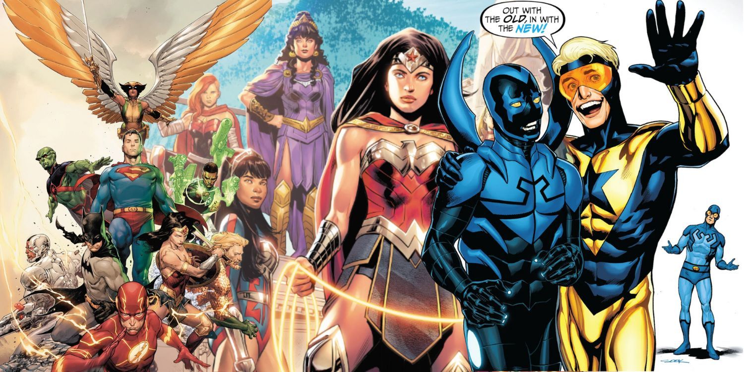Split image of Justice League, Amazons of Themyscira, and Blue Beetle & Booster Gold