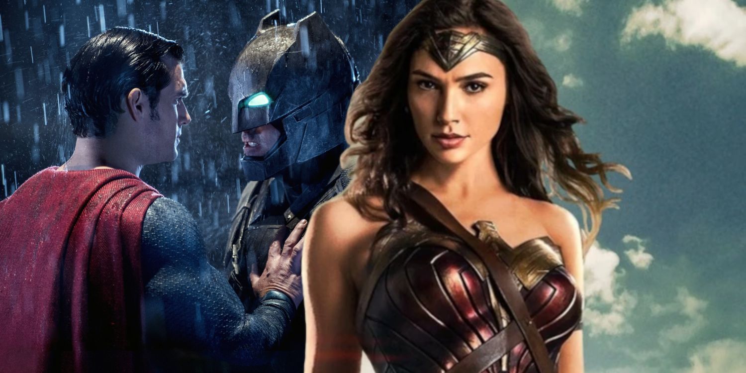 Split Image of Superman and Batman fighting with Wonder Woman cropped character poster