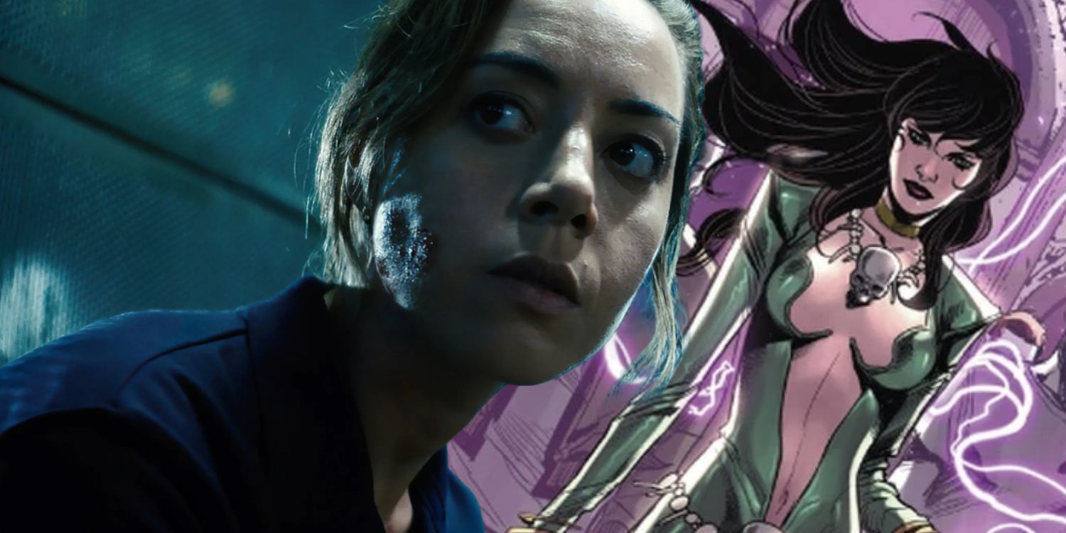 Split Image of Aubrey Plaza in Emily the Criminal and Morgan le Fey from Marvel Comics.