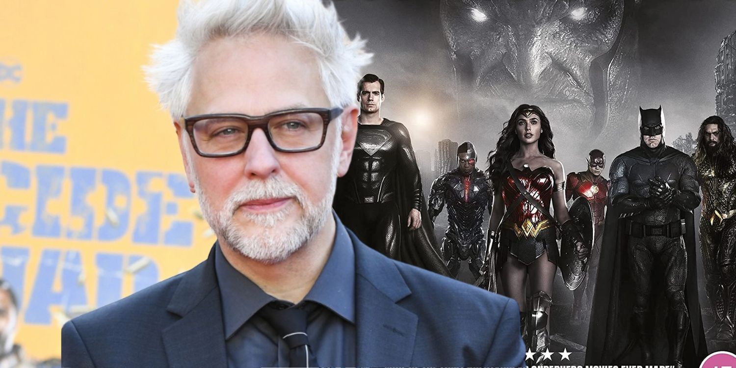 Split Image of James Gunn with the cover of Zach Snyder's Justice League