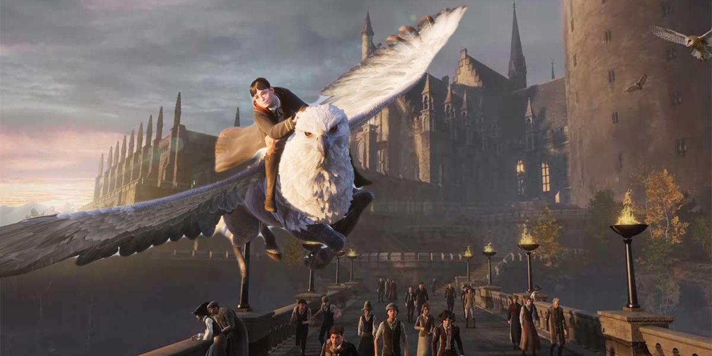 Student on hippogriff riding above bridge to hogwarts castle with castle itself in background