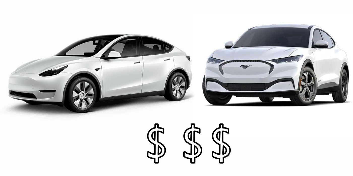 A mashup of the Tesla Model Y and Ford Mustang Mach-E EVs with dollar signs